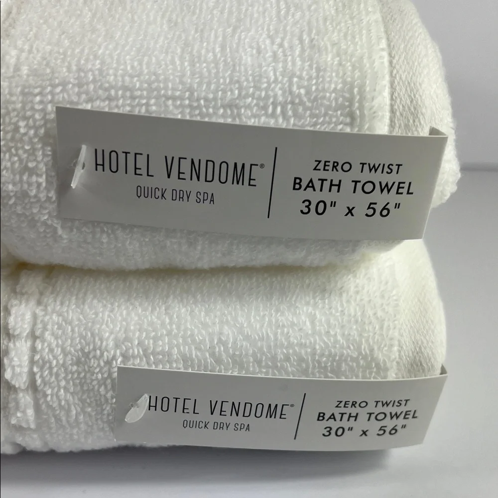 Hotel Vendome Bath Towel Set White Zero Twist Cotton Quick Dry Spa 2 pc Set NEW
